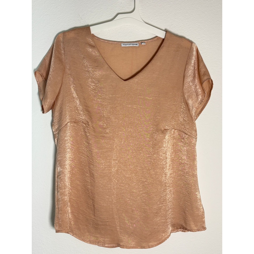 Notations Womens Rose Gold Metallic V-Neck Short‎ Sleeve Blouse Top Size M